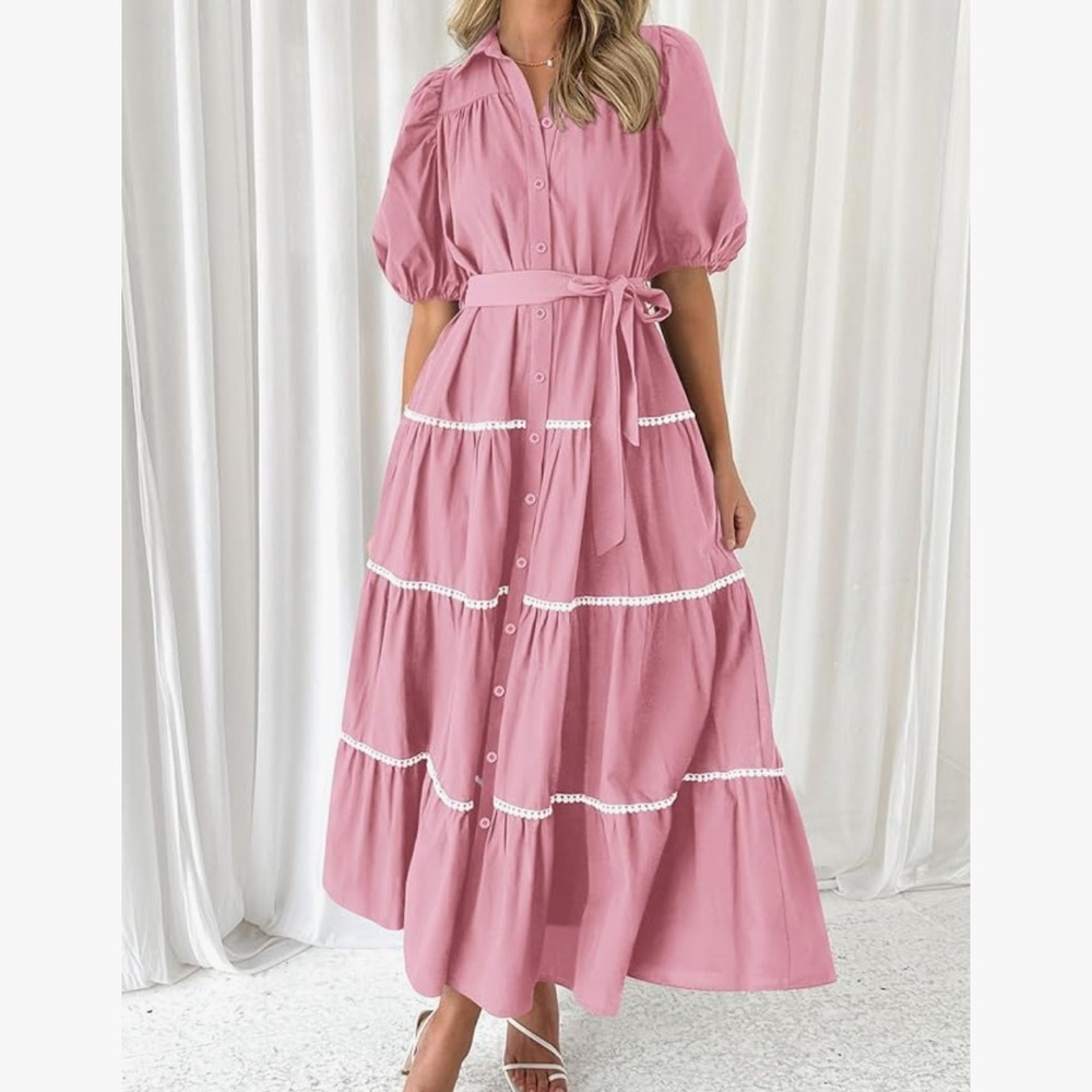 Pretty Garden Womens Summer Button Down Shirt Dress Short Puffy Sleeve Tiered